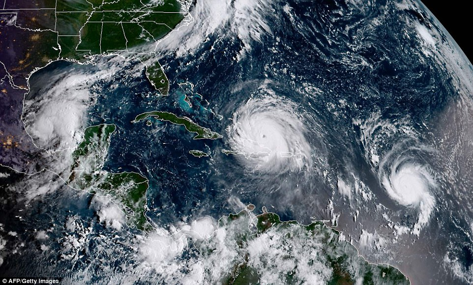 Satellite view of hurricanes in the Atlantic.