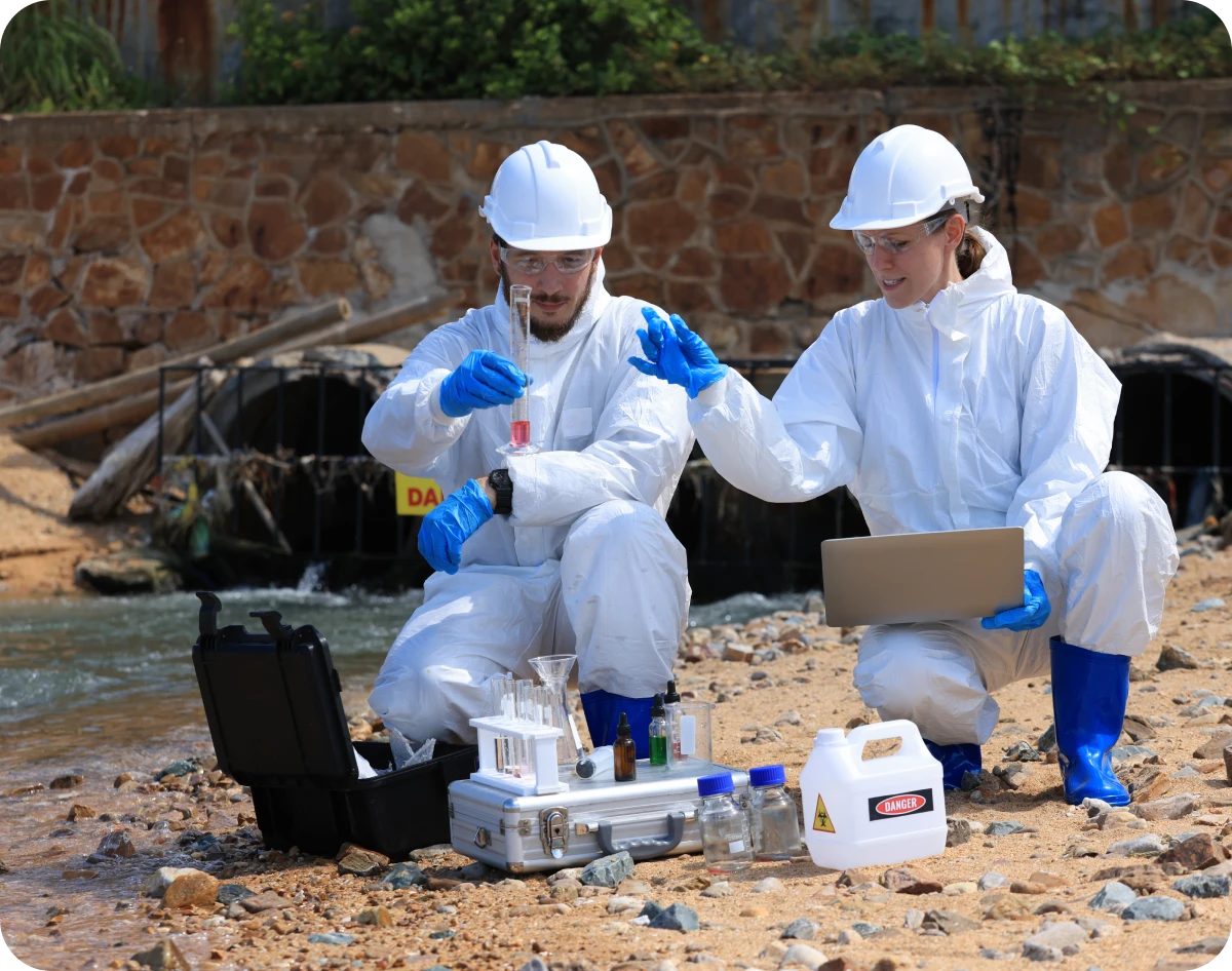 Scientists testing water samples near a river.